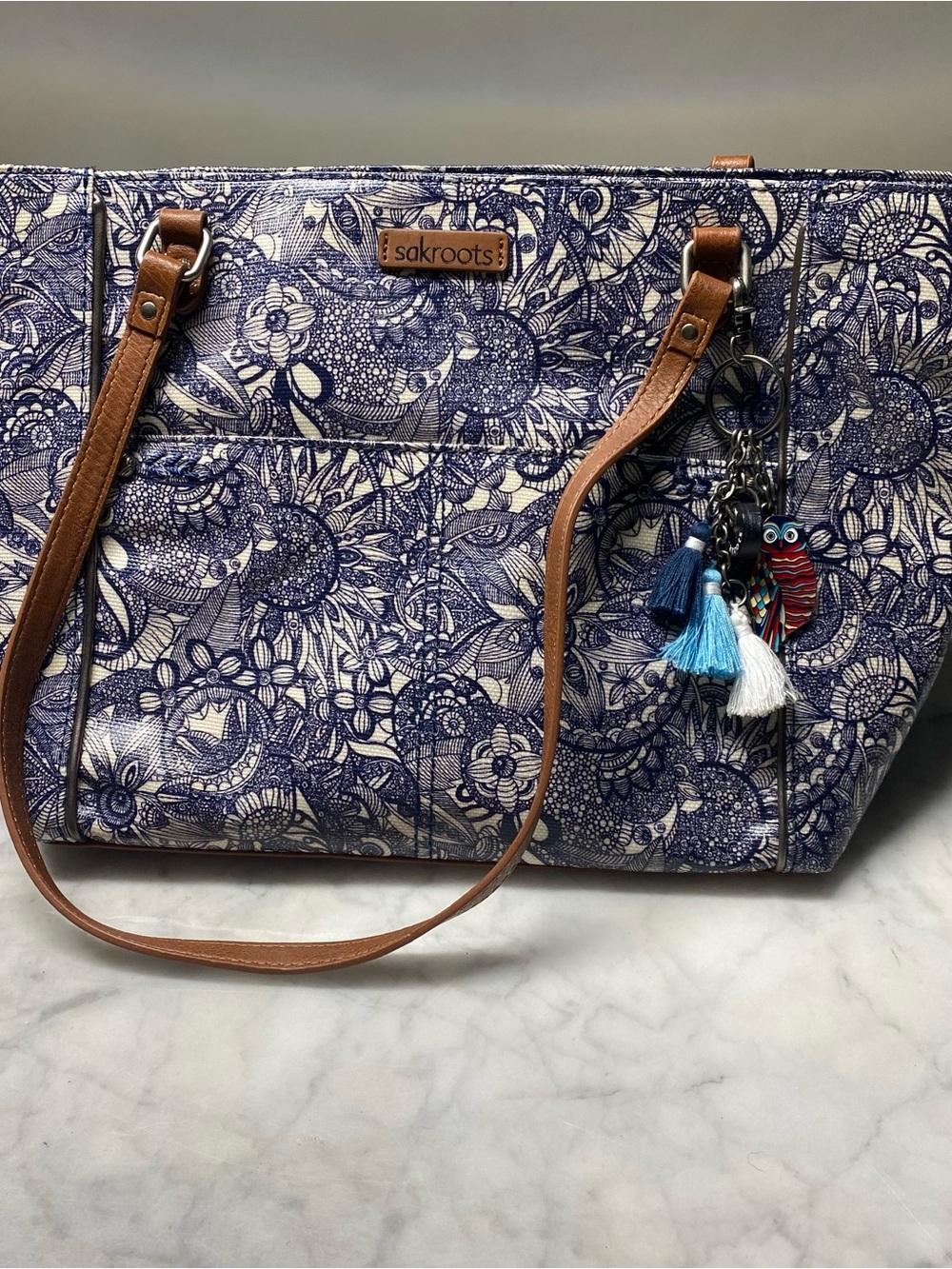 SAKROOTS Navy Spirit Metro Tote Bag Owl Keychain Purse Floral Coated Canvas